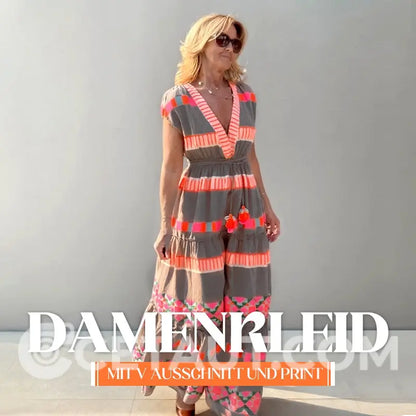 Lässiges Damen V-Ausschnitt Vintage Streifenmuster Ärmelloses Kleid cetaut