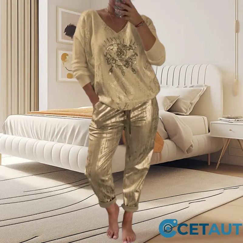 2-teiliges Damen-Set: Devil's Eye Goldfolien-Oberteil und Pailletten-Hosen-Set cetaut