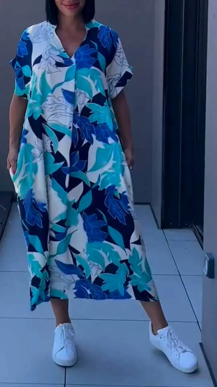 💥Bedrucktes, lockeres Midikleid mit V-Ausschnitt cetaut