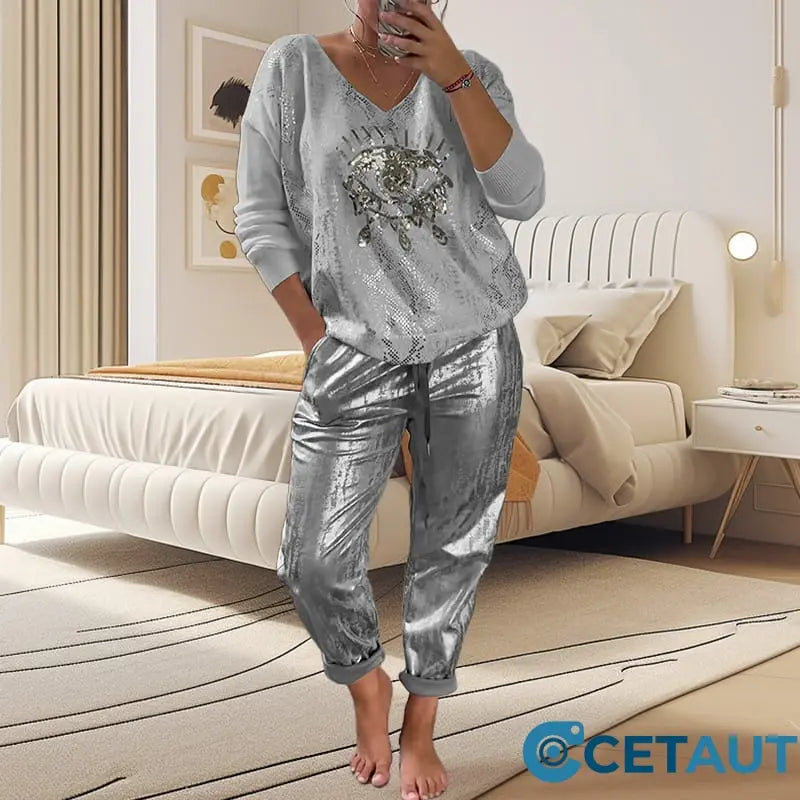 2-teiliges Damen-Set: Devil's Eye Goldfolien-Oberteil und Pailletten-Hosen-Set cetaut
