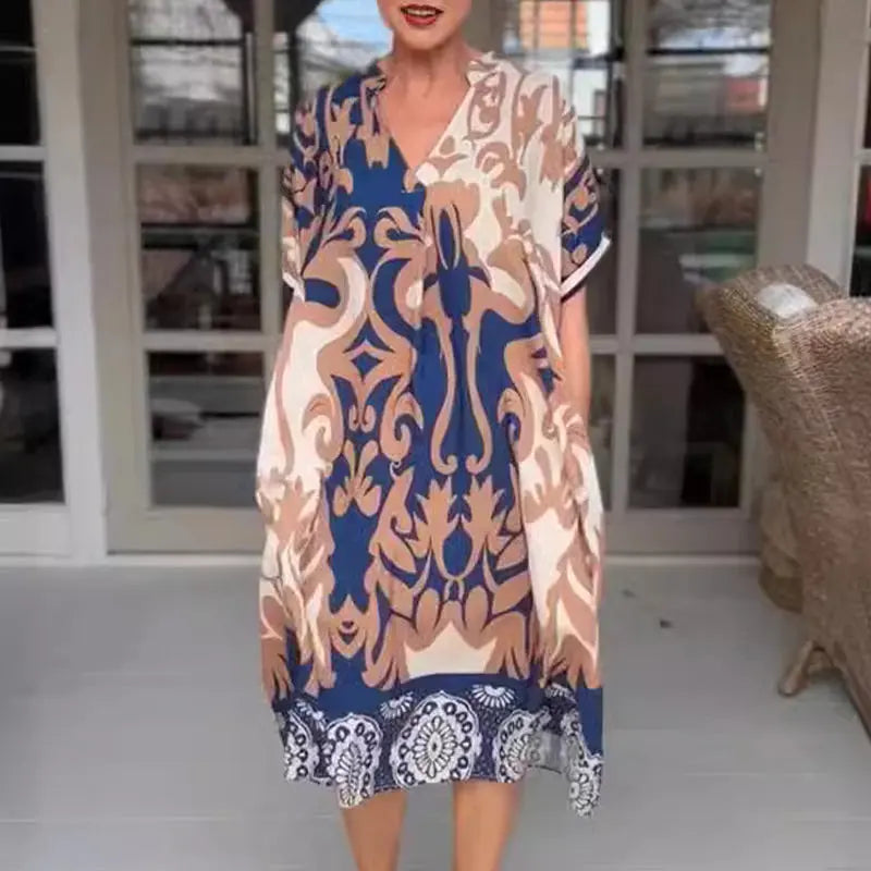 💥Bedrucktes, lockeres Midikleid mit V-Ausschnitt cetaut