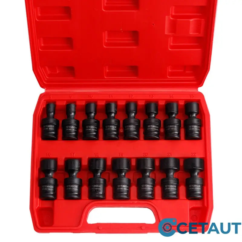 15-teiliges 3/8-Zoll Flach-Stecknuss-Set mit Kardangelenken für Schlagschrauber cetaut