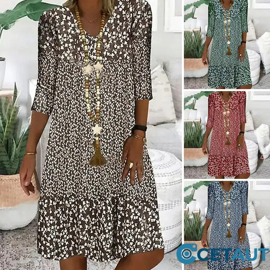 🔥50% Rabatt auf das zweite Produkt🔥Damenmody gedruckt mit mittlerem Ärmel V-Ausschnittkleider🌸