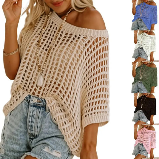 🎁2025 Neuer heißer Verkauf🌈Damen lässig Kurzarm hohl aus Pullover stricken Tops cetaut