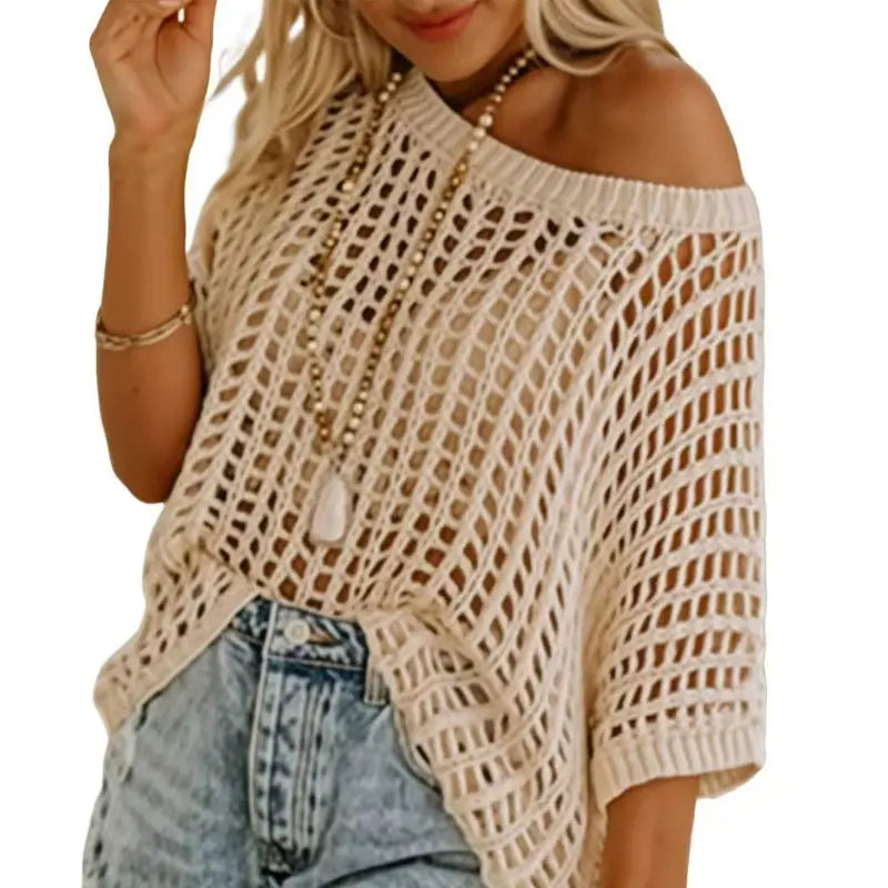 🎁2025 Neuer heißer Verkauf🌈Damen lässig Kurzarm hohl aus Pullover stricken Tops cetaut