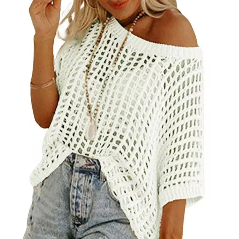 🎁2025 Neuer heißer Verkauf🌈Damen lässig Kurzarm hohl aus Pullover stricken Tops cetaut