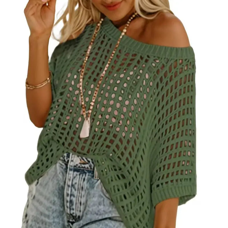 🎁2025 Neuer heißer Verkauf🌈Damen lässig Kurzarm hohl aus Pullover stricken Tops cetaut