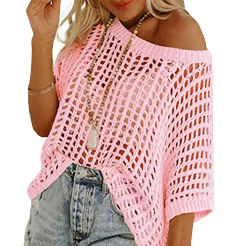 🎁2025 Neuer heißer Verkauf🌈Damen lässig Kurzarm hohl aus Pullover stricken Tops cetaut