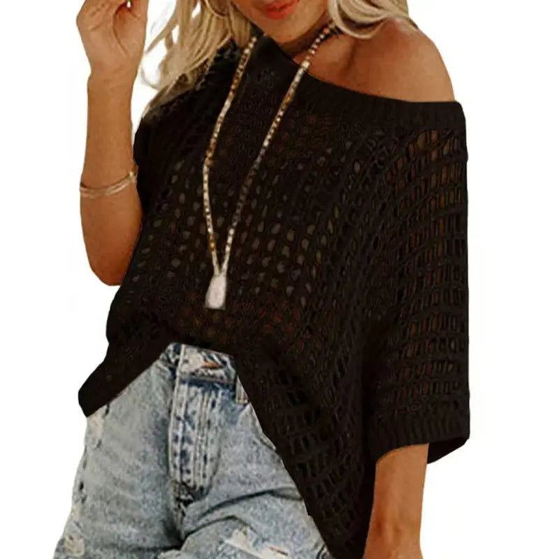 🎁2025 Neuer heißer Verkauf🌈Damen lässig Kurzarm hohl aus Pullover stricken Tops cetaut