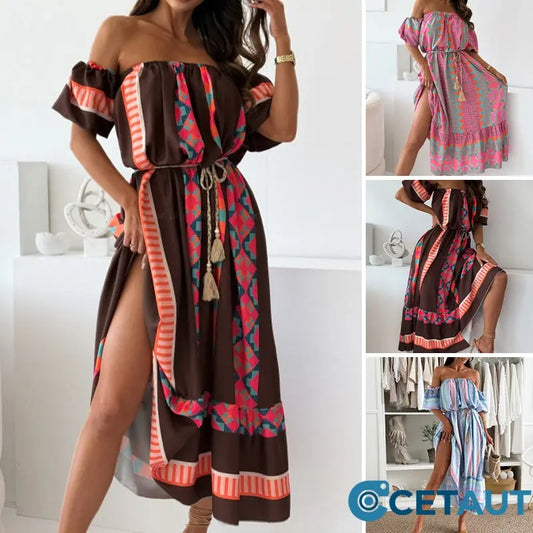 ✨Damen lässiges schulterfreies Kleid mit Druck cetaut