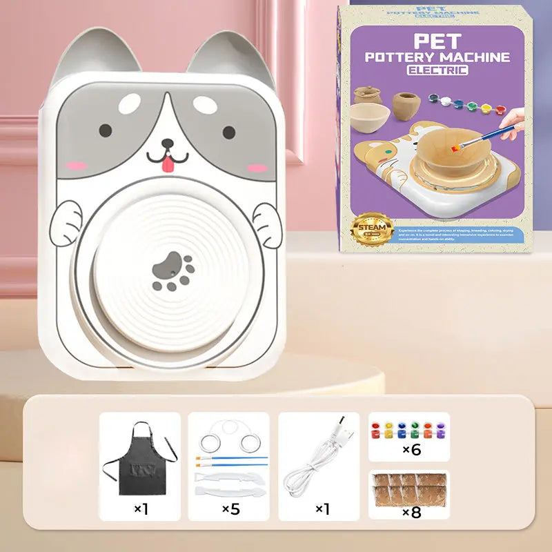 🎨Lufttrocknendes 4-in-1 Kreativ-Set für Kinder: Töpfern ohne Brennen, Malen & Spielen mit süßen Tier-Designs (Katze/Hase/Welpe/Kuh) – Inkl. Werkzeuge, USB-Ladung & Schürze 🐶 cetaut