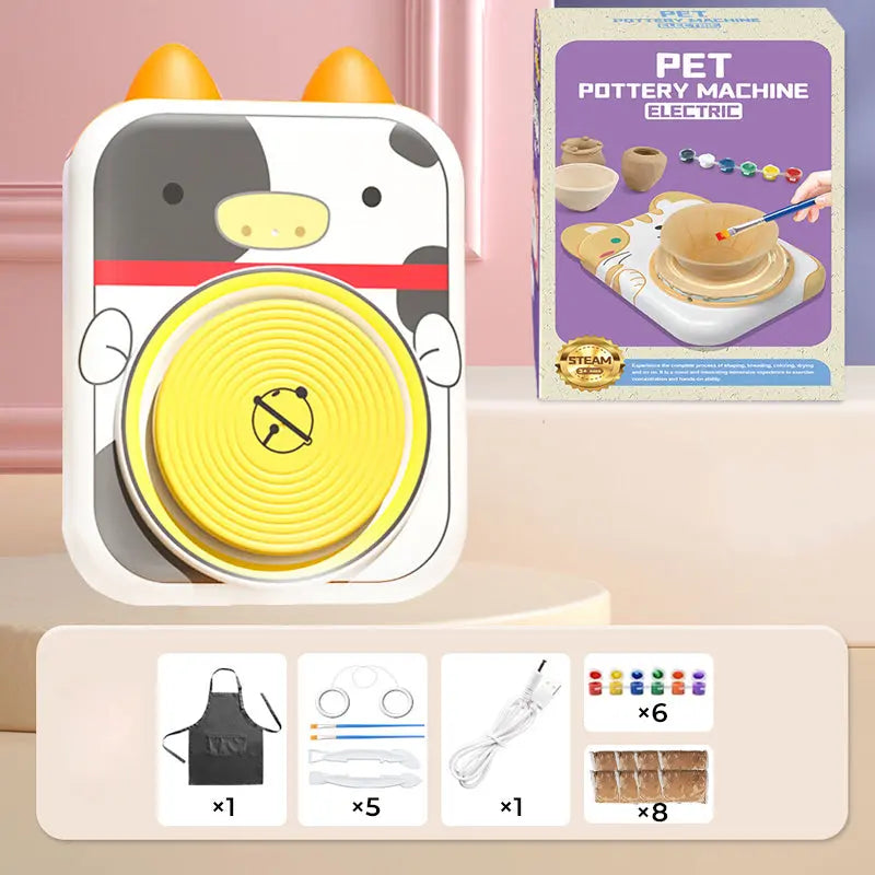 🎨Lufttrocknendes 4-in-1 Kreativ-Set für Kinder: Töpfern ohne Brennen, Malen & Spielen mit süßen Tier-Designs (Katze/Hase/Welpe/Kuh) – Inkl. Werkzeuge, USB-Ladung & Schürze 🐶 cetaut