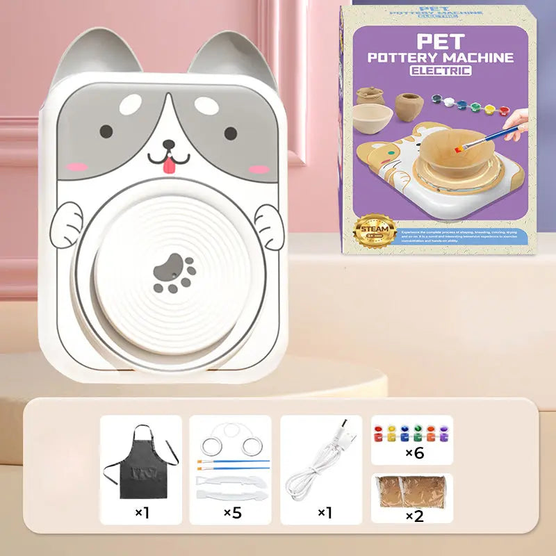 🎨Lufttrocknendes 4-in-1 Kreativ-Set für Kinder: Töpfern ohne Brennen, Malen & Spielen mit süßen Tier-Designs (Katze/Hase/Welpe/Kuh) – Inkl. Werkzeuge, USB-Ladung & Schürze 🐶 cetaut