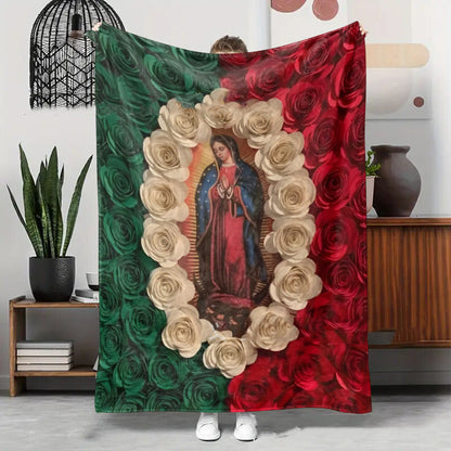 🔥Solange der Vorrat reicht 50% Rabatt!🌷Flanell-Decke mit Jungfrau Maria und Rosen
