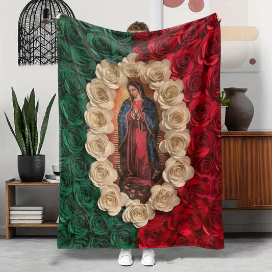 🔥Solange der Vorrat reicht 50% Rabatt!🌷Flanell-Decke mit Jungfrau Maria und Rosen