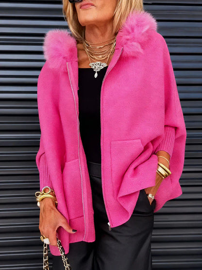 ⏳Limitiertes 50 % Rabatt⏰Damenjacke mit Pelzkragen in Uni-Farbe🧥